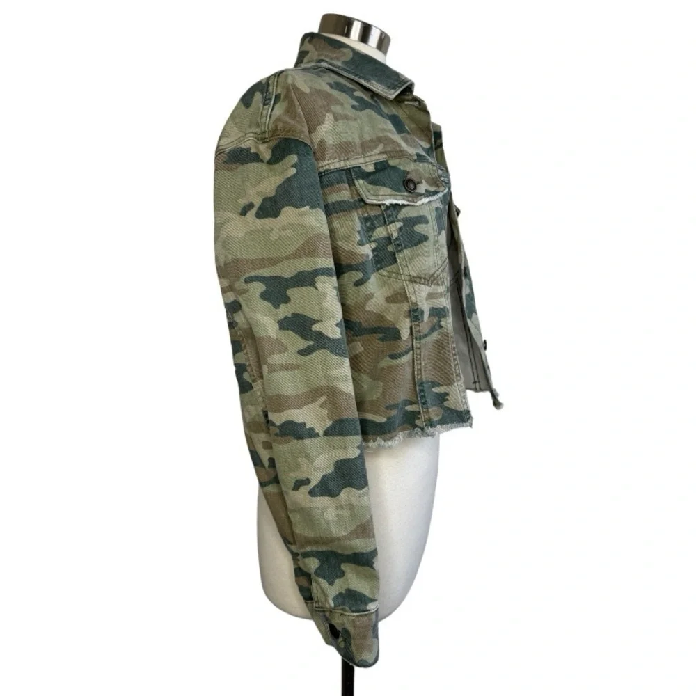 Free People Camo Cropped Jean Jacket in Green & Tan - Picture 4 of 13